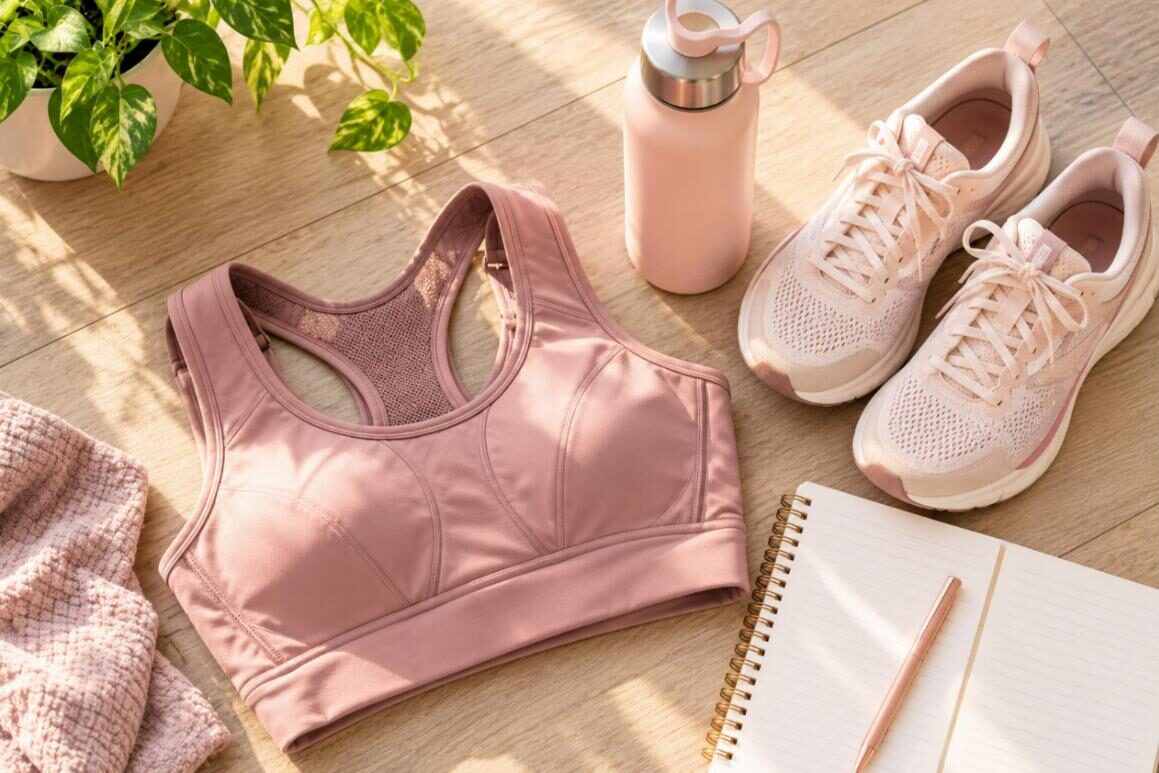 Sports bra, running shoes and water bottle flat lay