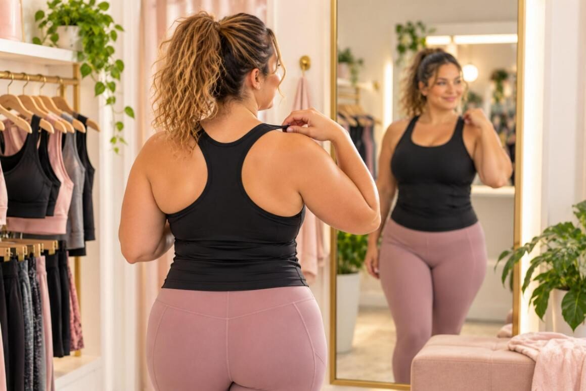 Woman checking the fit of her sports bra straps in a fitting room mirror