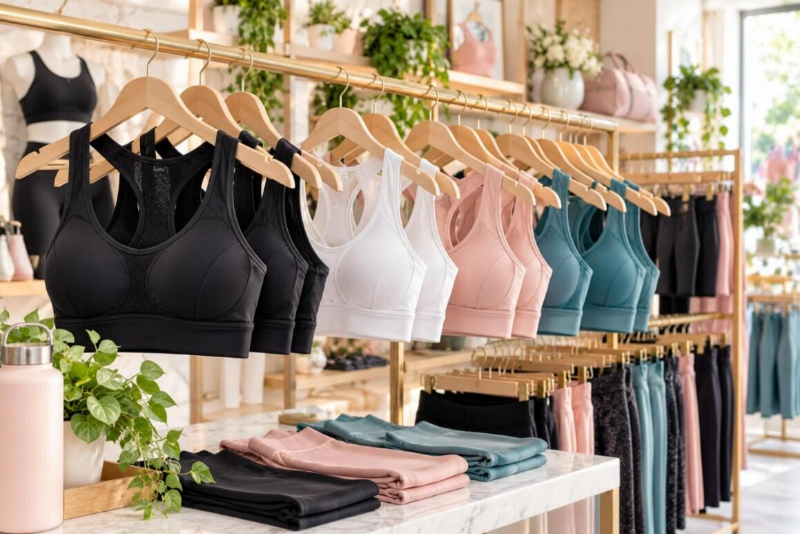 High-support sports bras for large busts on display in a boutique