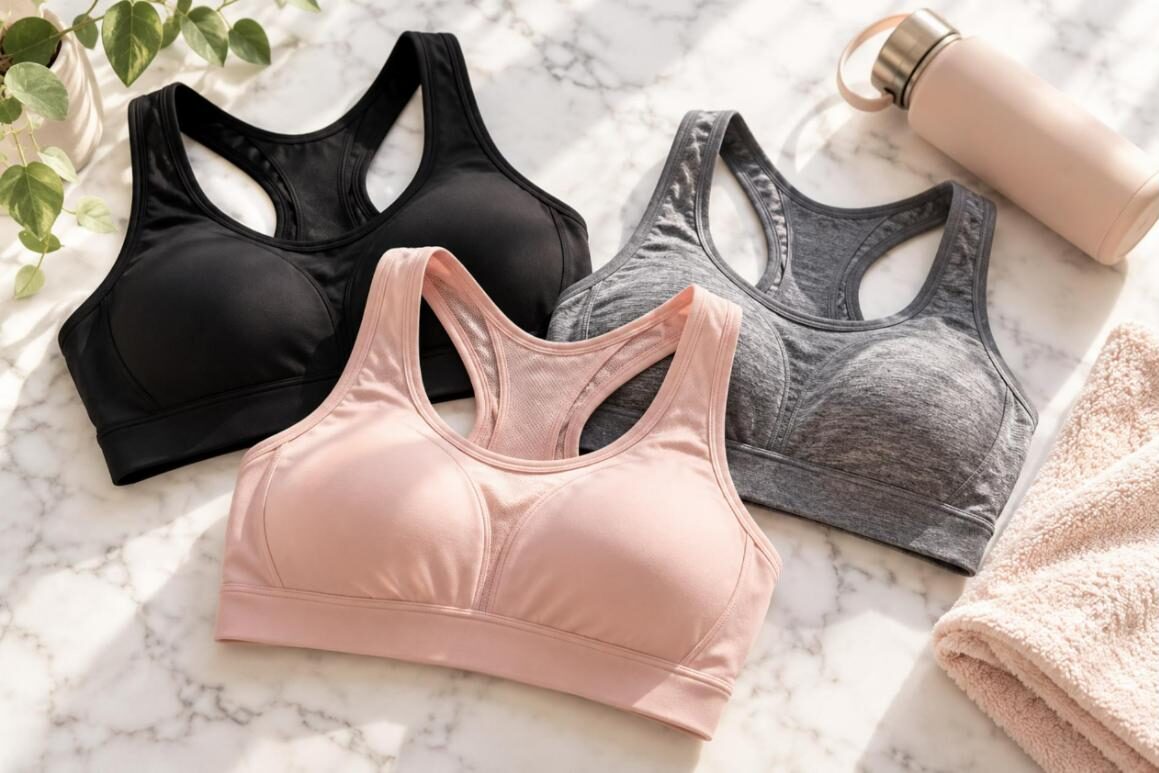 Flat lay of supportive sports bras for large breasts in black, blush and gray