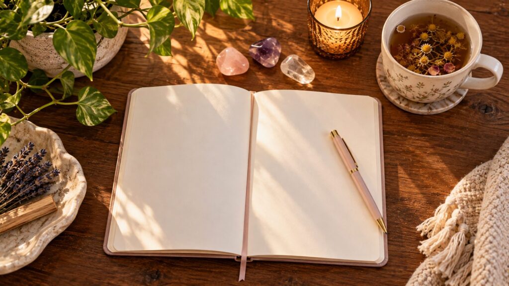 Open blank journal with a pen, tumbled crystals, tea and a candle on a wooden desk