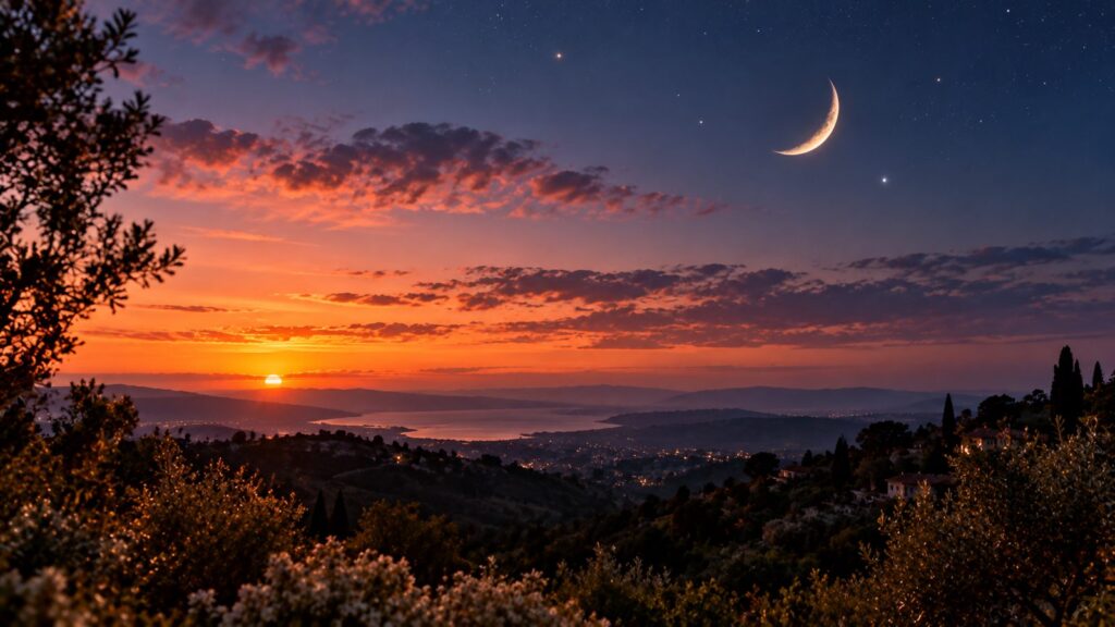 Twilight sky with the setting sun and a crescent moon over hills, for sun, moon and rising signs