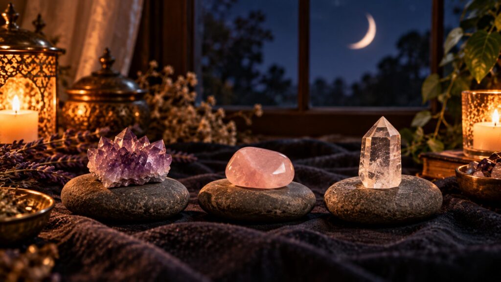 Three river stones topped with an amethyst cluster, a rose quartz tumble and a clear quartz point under a crescent moon