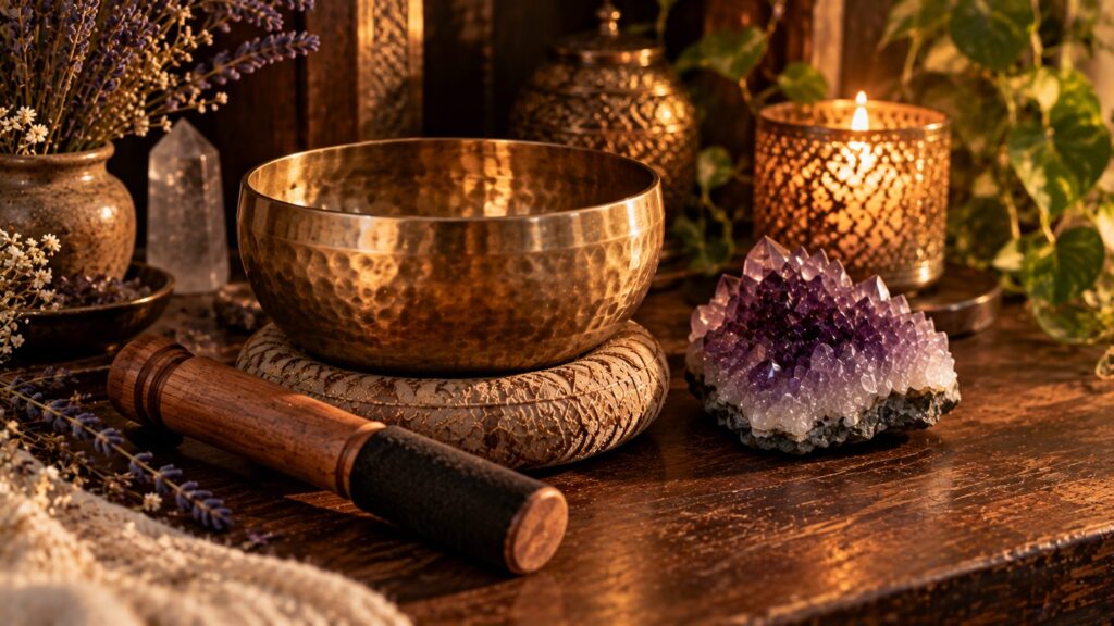 Hammered brass Tibetan singing bowl on a cushion with a wooden mallet, candle and amethyst cluster