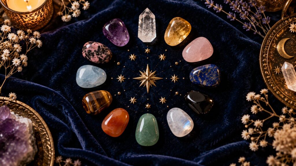 Twelve polished crystals arranged in a circle on navy velvet, one for each of the 12 zodiac signs