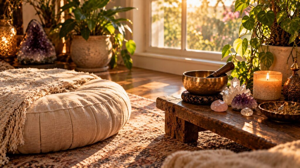 Peaceful meditation corner with a floor cushion, brass singing bowl, lit candle and crystals on a low wooden table