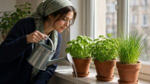 Woman watering potted basil, parsley and chives on a sunny windowsill herb garden