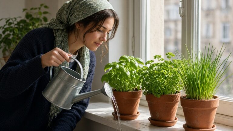 Woman watering potted basil, parsley and chives on a sunny windowsill herb garden