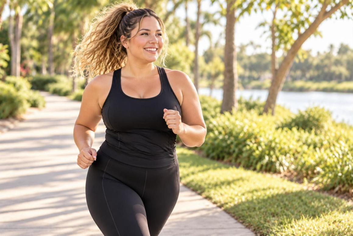 Curvy woman running outdoors in a supportive sports bra and leggings