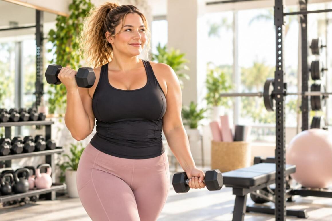 Curvy woman strength training in a supportive sports bra