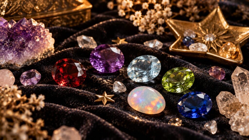 Zodiac birthstones including garnet, amethyst, peridot, opal and blue sapphire on black velvet
