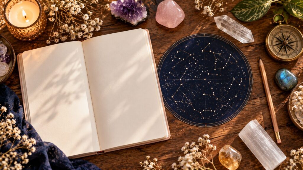 Open blank journal beside a round constellation star map, crystals, a compass and a candle on a wooden desk