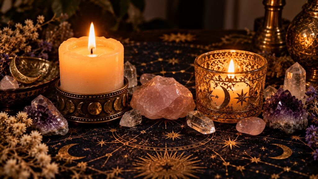 Two lit candles with rose quartz between them on a star map cloth, for zodiac signs compatibility