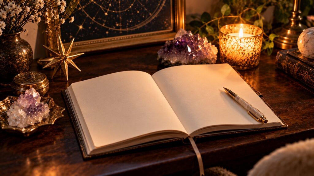 Open blank journal and pen with amethyst crystals and a candle on a desk, for zodiac signs questions